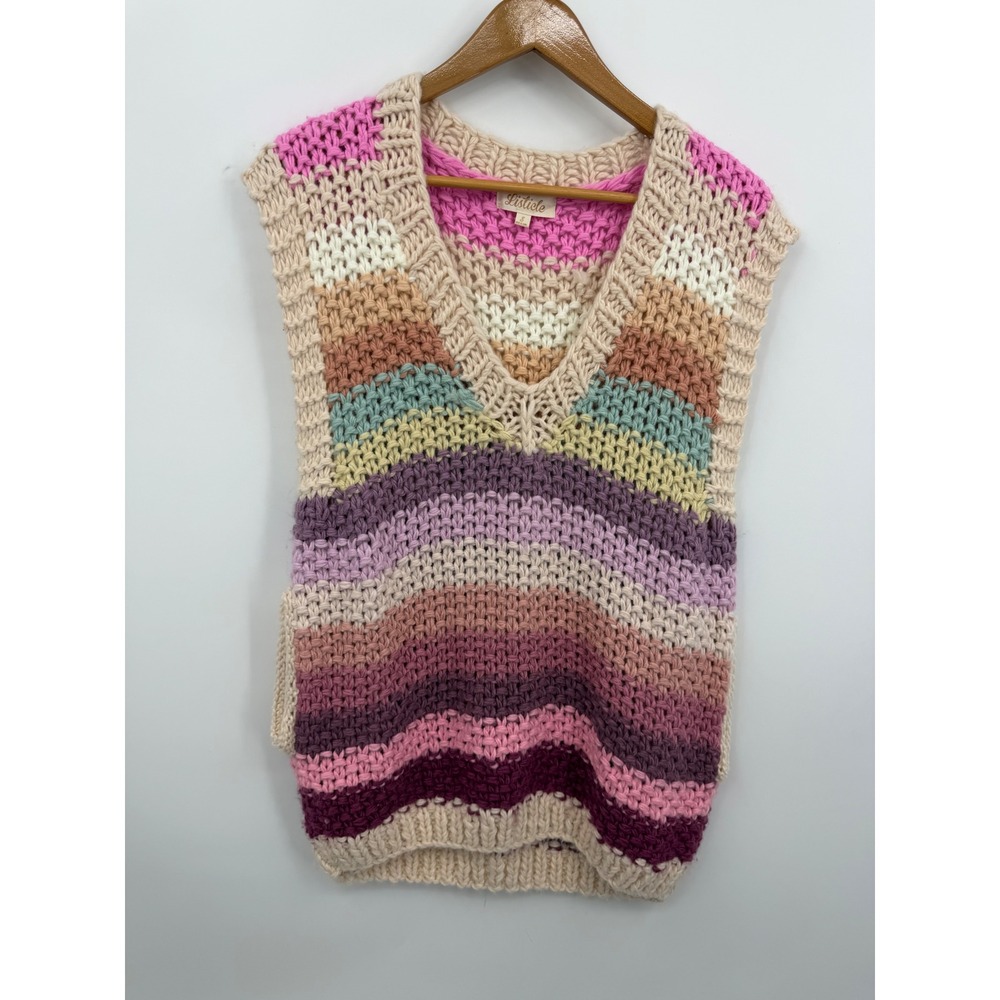 Listicle Wrapped Up In Color Chunky Knit‎ Striped Sweater Vest sz S Boho pockets